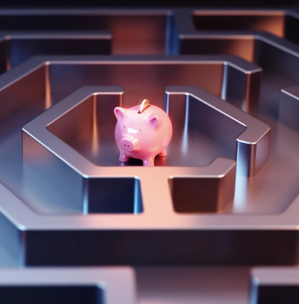 Protected piggy bank within center of a maze